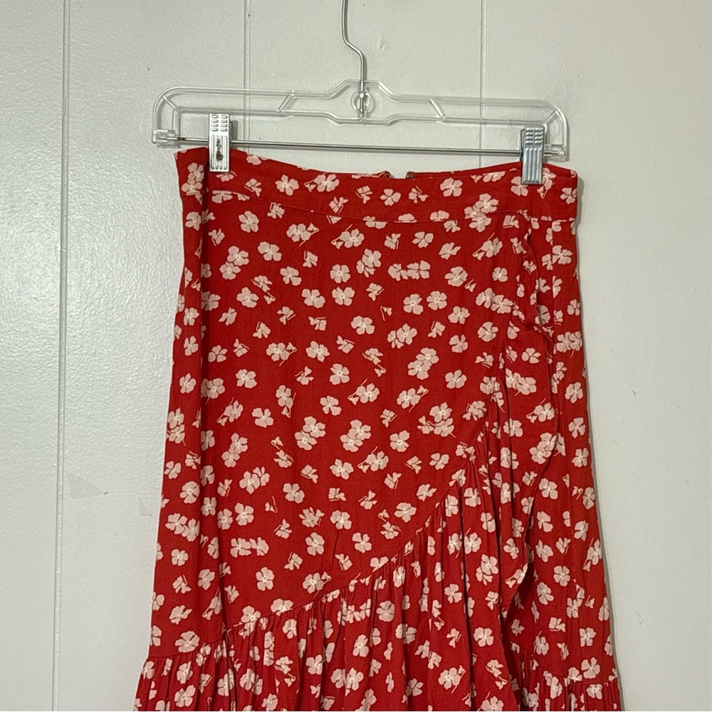 Madewell Happy Hibiscus Ruffle Wrap Midi Skirt Red Floral 2 Cottagecore Boho - Picture 5 of 12